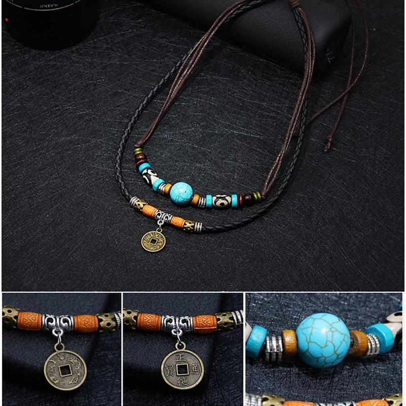 Retro Ethnic Style Double Layer Leather Rope Coin Beads Pendant Necklaces for Women and Men / Simple Alloy with Turquoise Bead Charms Choker Pendant Necklace / Trendy Vintage Jewelry Gifts / Women Gifts Jewellery Accessories