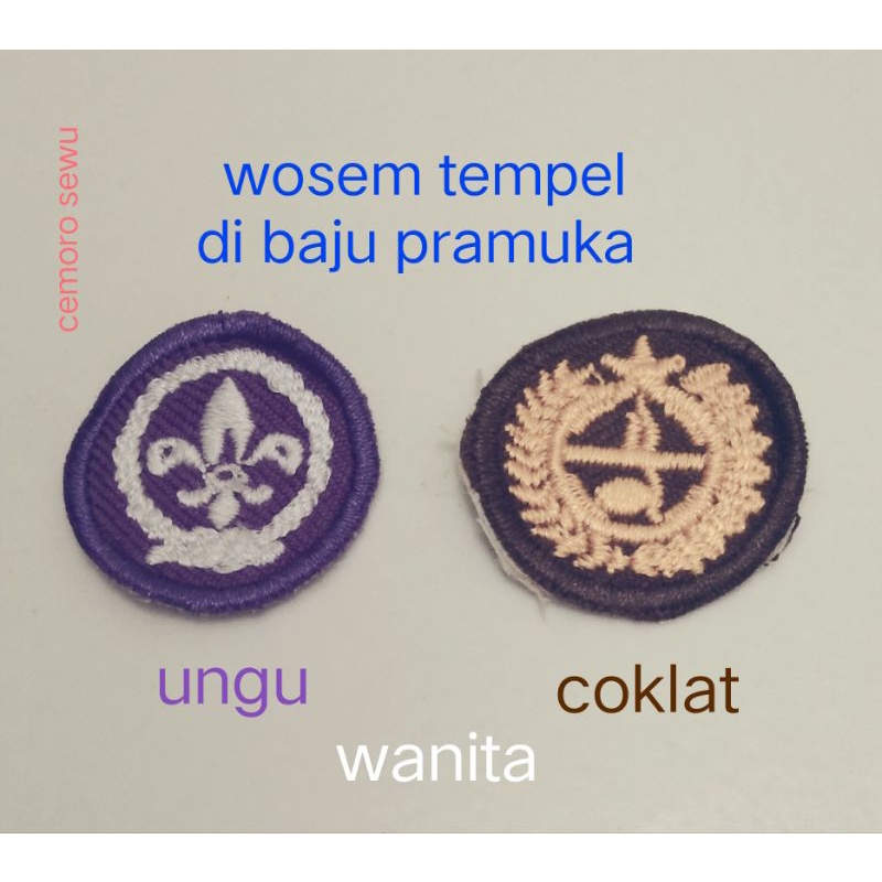 bed tempel wosem baju pramuka wanita sepasang ungu dan coklat