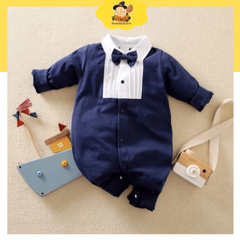 Jumper bayi Motif pita navy kerah putih lengan panjang/ jumper tuxedo usia 0-18 bulan premium Ananakstore