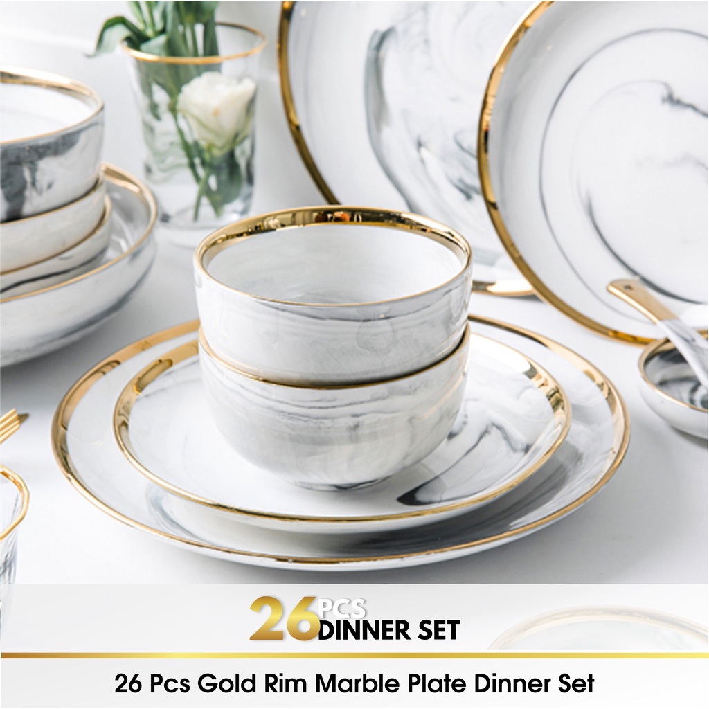 Set 18 &amp; 26 PCS Piring Mangkok Mangkuk Makan Keramik Bowl Set Marble Marbel Plate Gold Rim