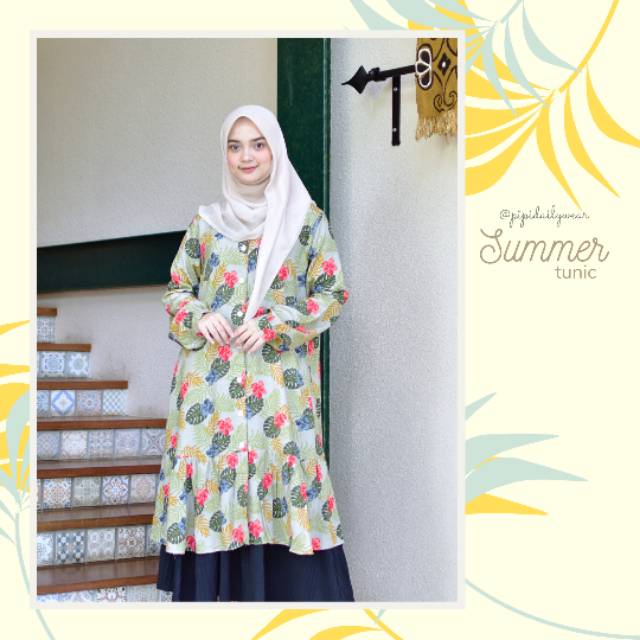 Summer tunic basic baju tunik floral tunik motif bahan rayon warna pistachio