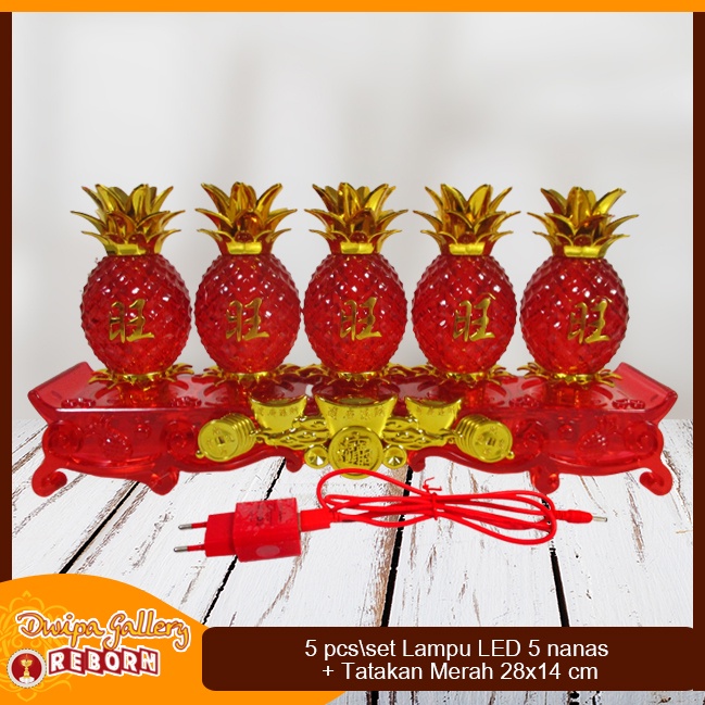 Lampu Sembahyang Altar Merah LED 5 Nanas + Tatakan (28x14 cm)