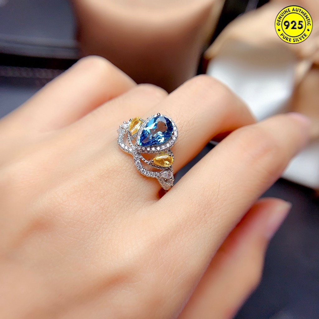 Cincin Open Ring Desain Mahkota Hias Batu Topaz Biru Natural Untuk Wanita