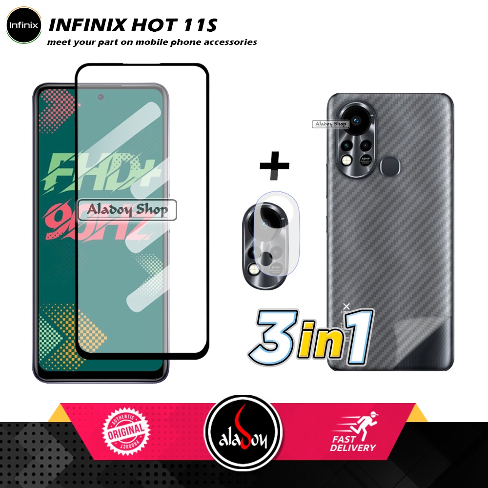 PAKET 3 IN 1 Tempered Glass Layar Infinix Hot 11S Free Tempered Glass Camera dan Skin Carbon