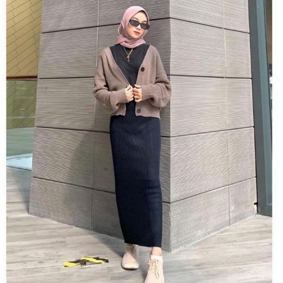 HOPYLOVY Rok Span Wanita Bahan Rajut Panjang Knitted Kayana