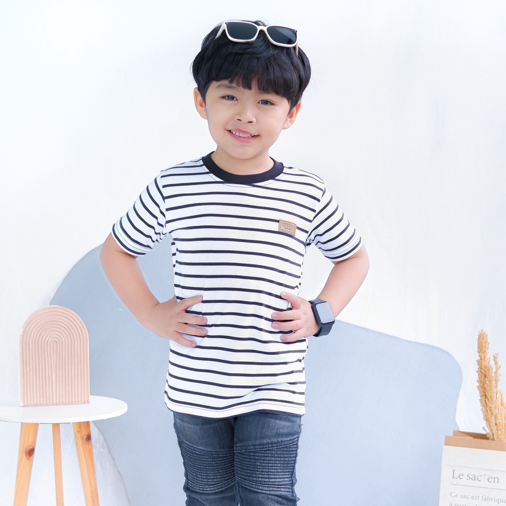 Kaos Stripe Garis Anak Laki Laki Perempuan Branded Unisex Original Premium | Mevla Kids - Uzuki White