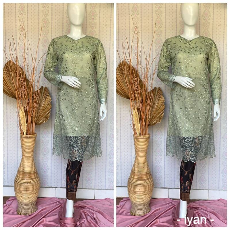 COD • SETELAN KEBAYA TUNIK TILLE BUNGA KECIL MODERN / MOCCA / GOLD / HIJAU WARDAH
