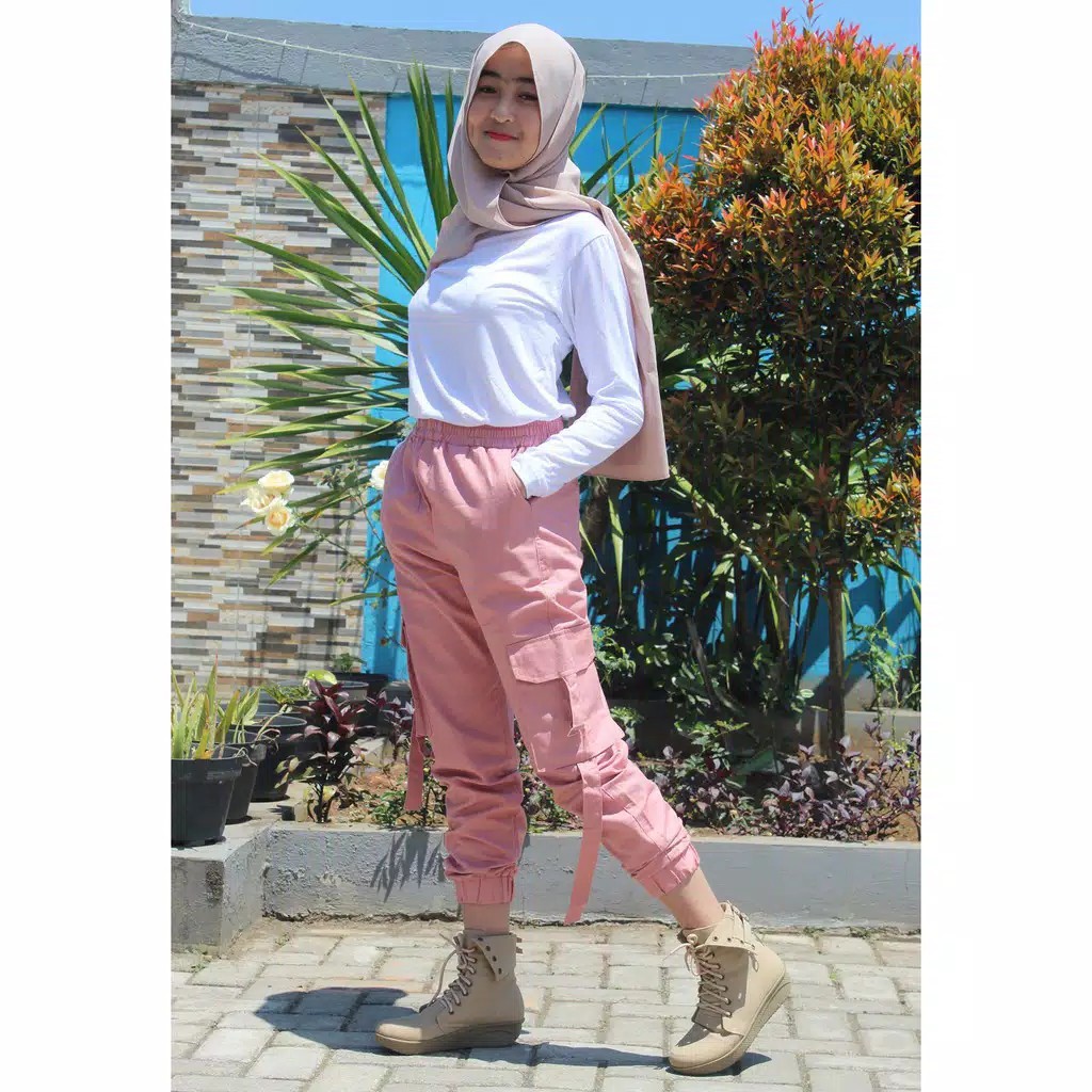 Celana wanita cargo Murah / Bawahan Stylish Jogger Cewek Modis Kekinian BISA BAYAR DITEMPAT(COD)-Pink