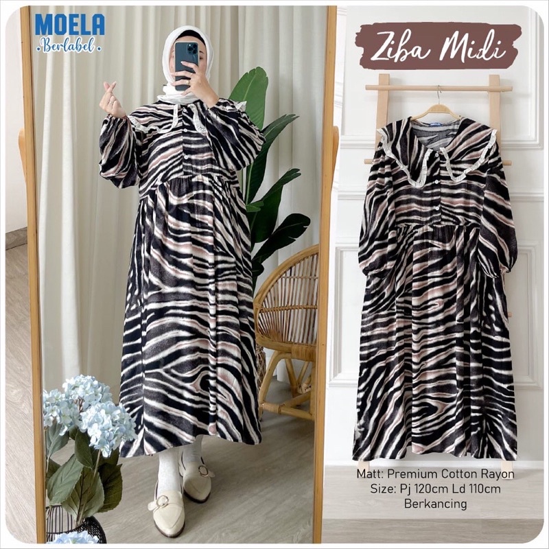 ZIBA original MOELA berlabel ld 110 pj 120 collar midi dress premium cotton rayon busui motif macan 