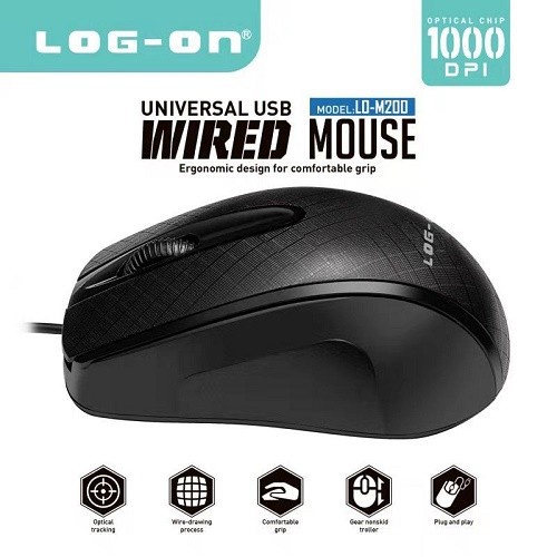 Mouse Kabel Laptop Komputer LOG-ON LO-M200 OPTICAL MOUSE USB 1000DPI