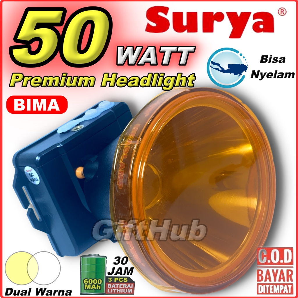 Surya Senter Kepala Selam Premium 50w 50 Watt Super LED BIMA Baterai Lithium 6000 mAh Cahaya Kuning 