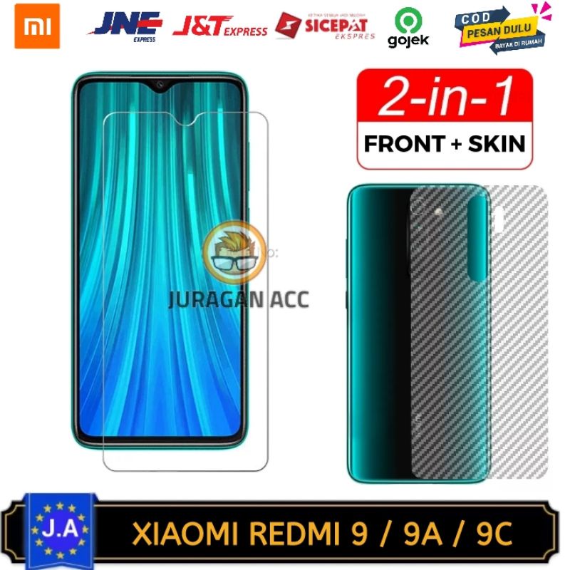 2IN1 - Tempered Glass Full Clear Xiaomi Redmi 9 9A 9C Tg Anti Gores Bening Skin Carbon Redmi 9 9A 9C