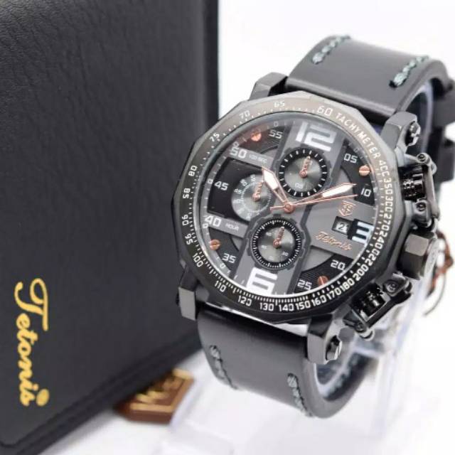 JAM TANGAN PRIA TETONIS 6012 KULIT BODY HITAM BONUS DOMPET ORIGINAL