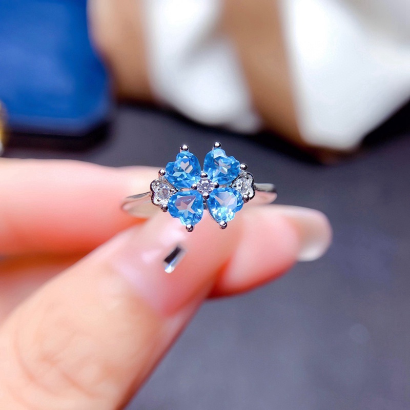 Fancyqube Cincin Sterling Silver 925 Model Terbuka Desain Daun Clover Hias Topaz Biru Untuk Wanita