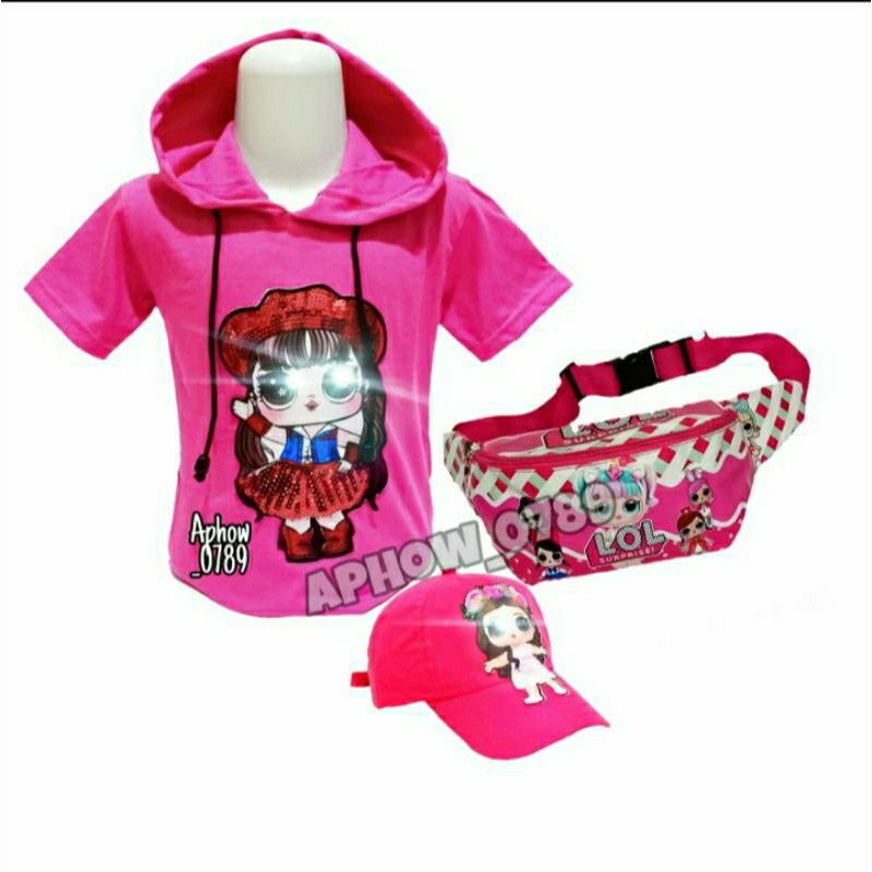 3in1 kaos Hoodie LoL gratis topi tas slempang anak t-shirt kupluk LED (Nyala)dapat waistbag dan topi Led