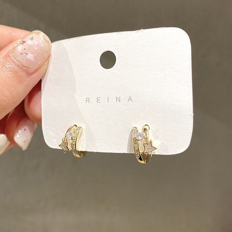 Anting pentagram Berbentuk C Baris Ganda Untuk Wanita Aksesoris fashion Korea