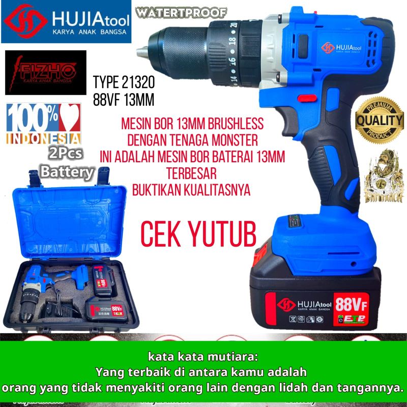 Mesin bor baterai cordless impact drill hujia pro 21321 88vf 13mm besi kayu beton sekrup tenaga mons