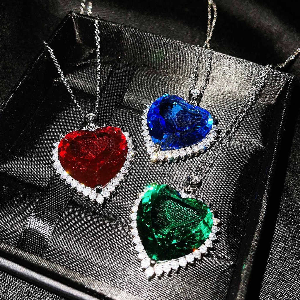 Goldkingdom Fashion Perhiasan Emas Asli Kadar 375 Bangkok Aksesoris Ready Stock Alami Tanzanite Safir Laut Jantung Liontin Zamrud Potong Hati Berwarna Harta Kalung