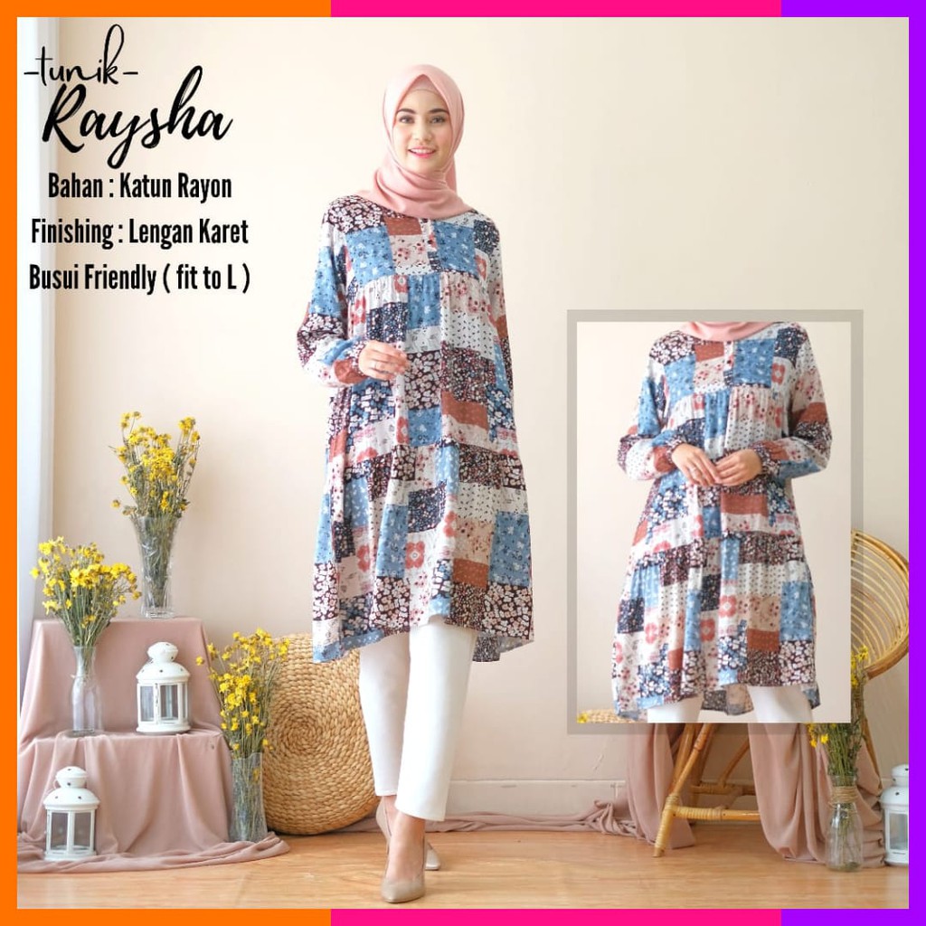 TERMURAH TUNIK DEWASA MOTIF RAYSHA/BAJU ATASAN MUSLIMAH PREMIUM-BAHAN KATUN RAYON PREMIUM