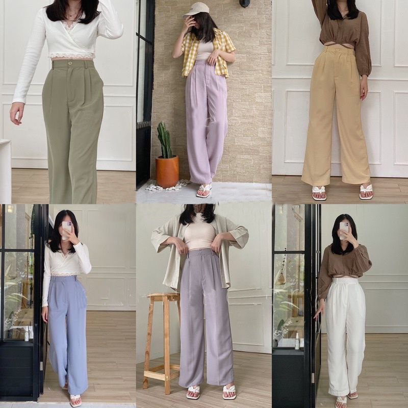 Celana Kulot Rayon Loose Pants Trousers Wanita Highwaist Kancing