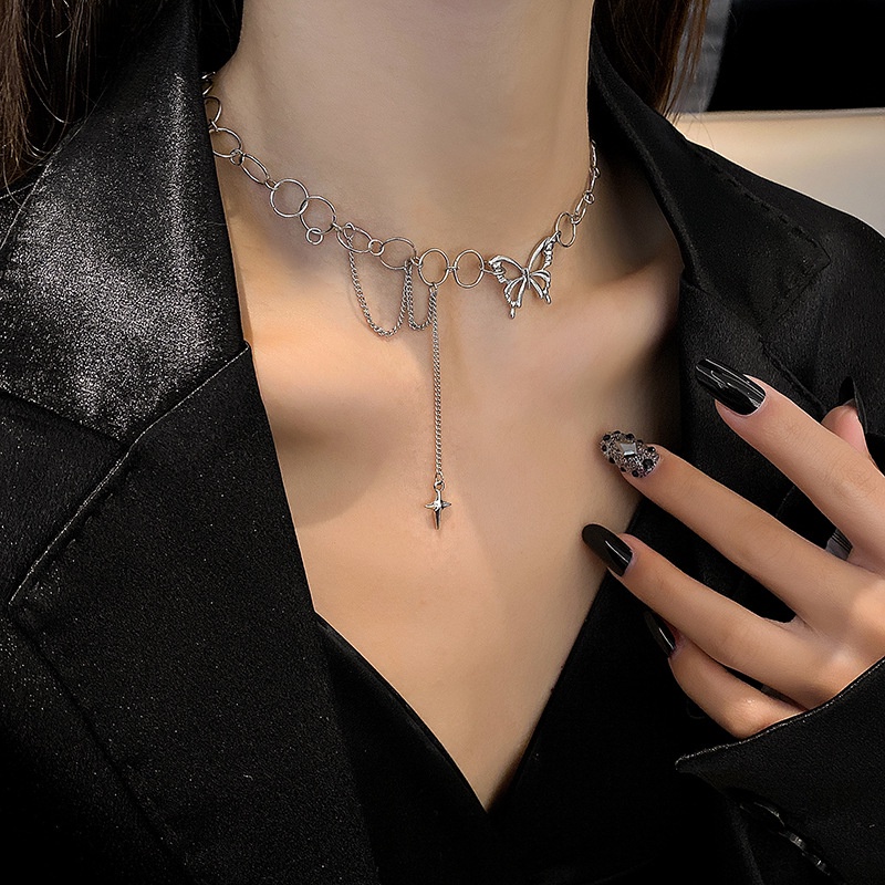 Kalung Choker Rantai Klavikula Desain Kupu-Kupu Gaya Punk Gothic Hip Hop Untuk Perhiasan Wanita