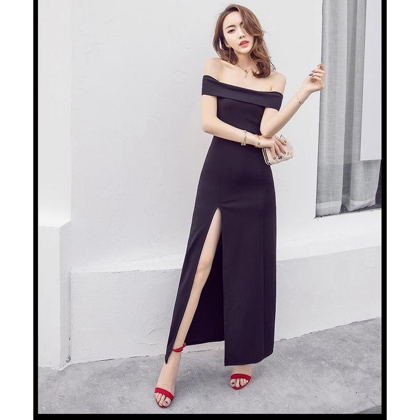 Long Dress Party Hitam OffShoulder Style Import Gaya Korea 32086 Sisa L