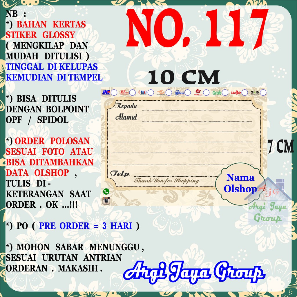 

Stiker Pengiriman - Sticker Alamat Olshop Murah Nomer 117 - 10x7 cm - Glossy