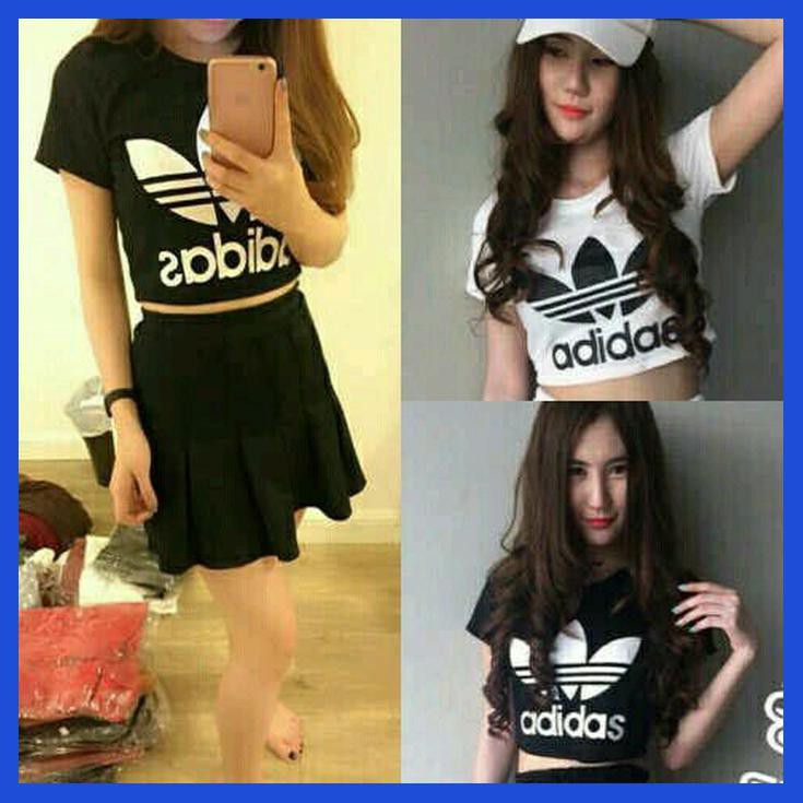BAJU KAOS CROP TOP WANITA ADIDAS HITAM/ PUTIH FINNA MURAH - PUTIH