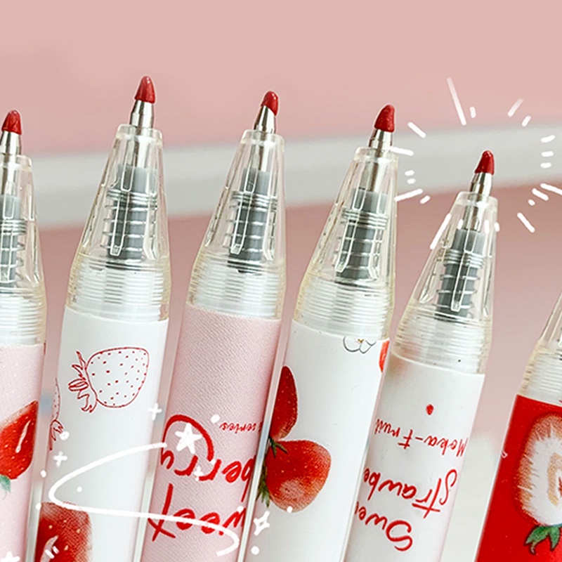 6pcs Pulpen Gel Tinta Hitam 0.5mm Seri Strawberry