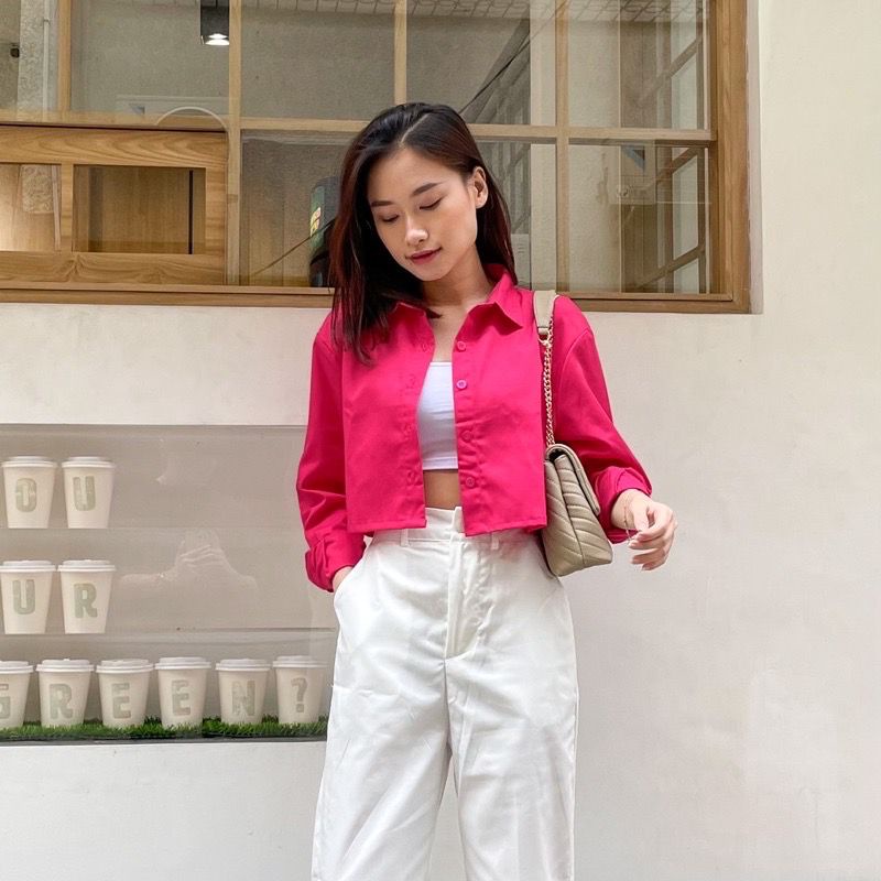 BEFAST - ZEC OOTD Wanita Kemeja AZELIE / Jolbi POPLIN COTTON Crop Shirt / Pakaian Kemeja Casual / Atasan Lengan Panjang / Kemeja Crop Trendy / Kem Polos Casual / OOTD Remaja Wanita Kekinian / Terlaris