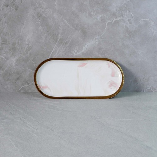 Brewsuniq - Gold-Rimmed Oval Display Tray Pink - S / Nampan Marble Cantik Unik Estetik Minimalis