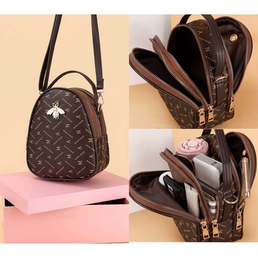 TAS SELEMPANG WANITA KOREA 3 RESLETING KULIT COKLAT MANVE TA471B7 IMPORT BRANDED SLING BAG KECIL BATAM PREMIUM REMAJA KEKINIAN MURAH FASHION CEWEK