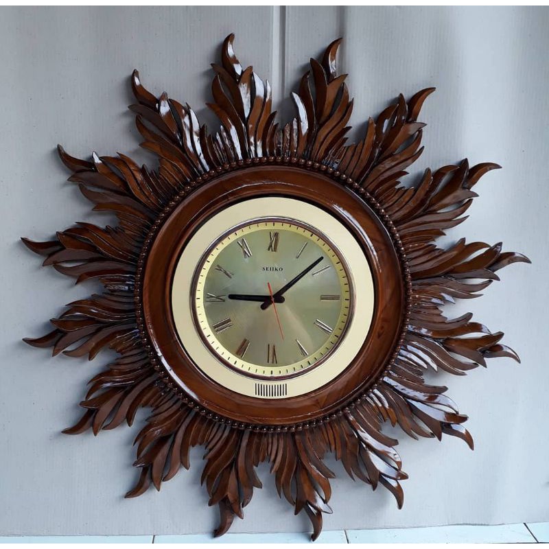 Souvenir Kayu Jam Dinding Gantung Ukir Motif Matahari Kayu Jati Jepara