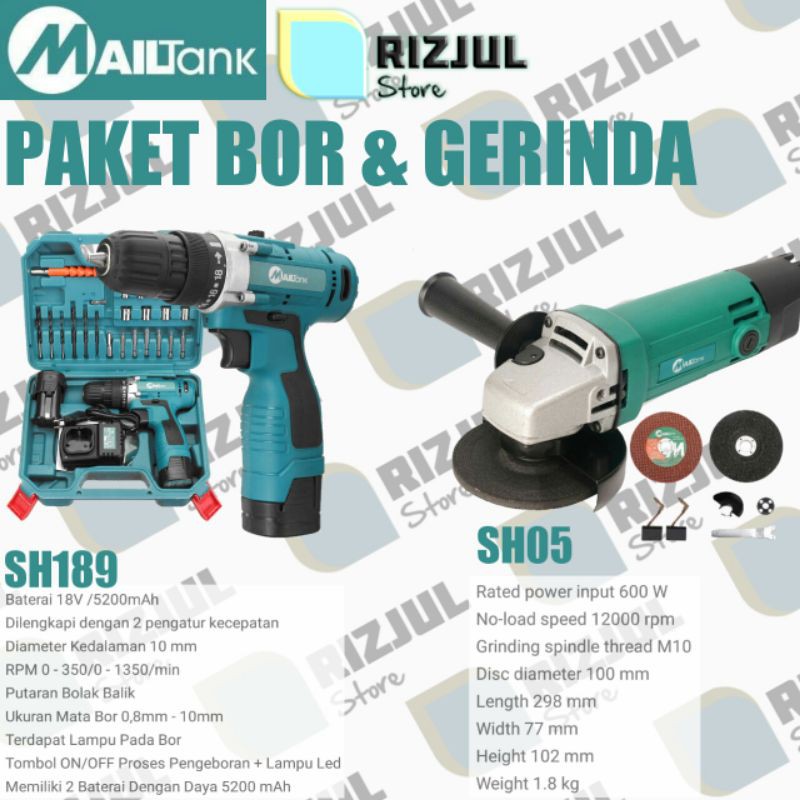PAKET BOR BATRE 18V DAN GERINDA MAILTANK BOR BATRE 18 VOLT DAN GURINDA