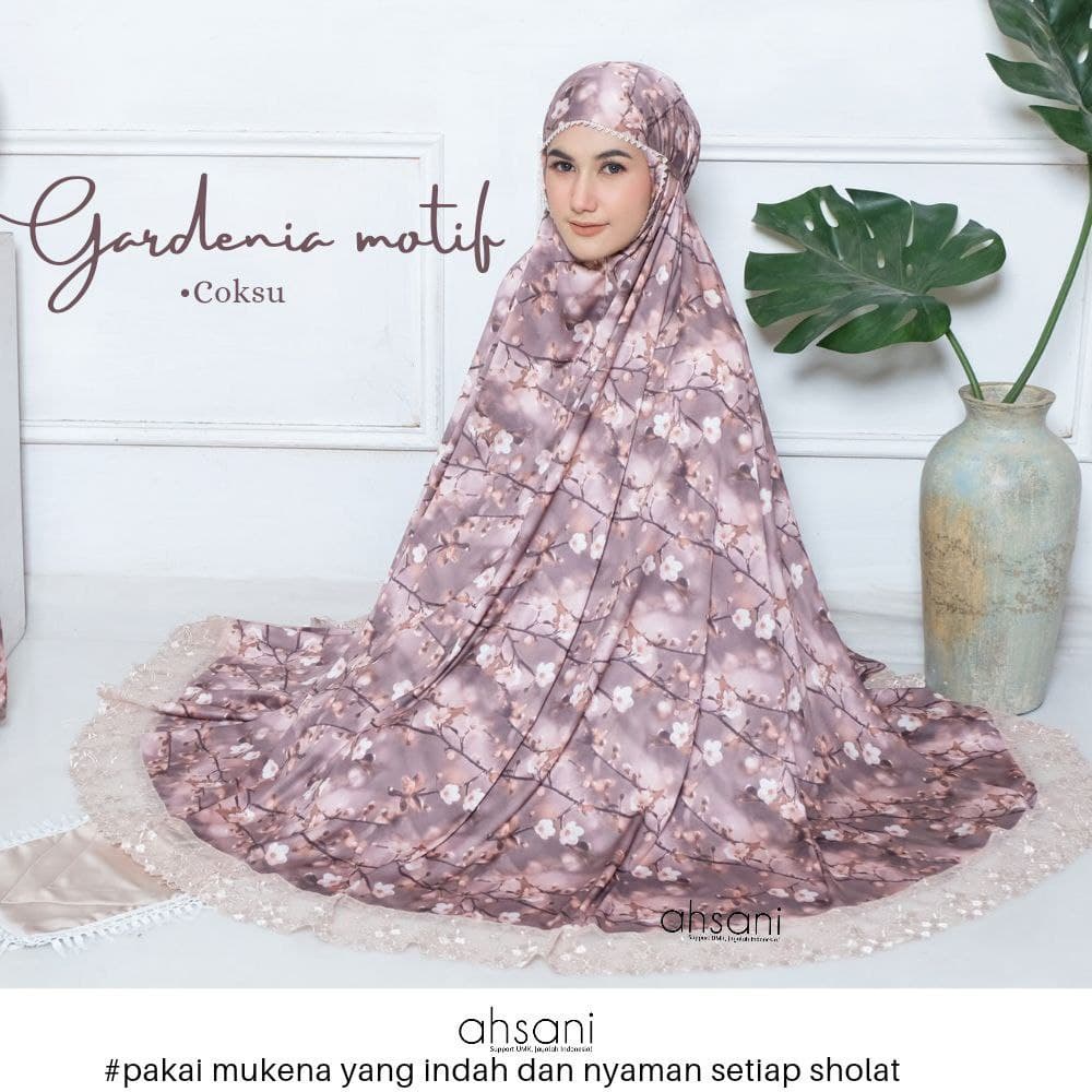 MUKENA PREMIUM GARDENIA MOTIF ORIGINAL AHSANI TERBARU MUKENA TWO IN ONE BAHAN ARMANI SILK NYAMAN RIN