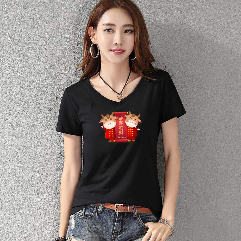 YOURTSTYLE1119 - KAOS IMLEK/ KAOS WANITA VNECK TWO COW CNY/ KAOS TERLARIS / KAOS VNECK