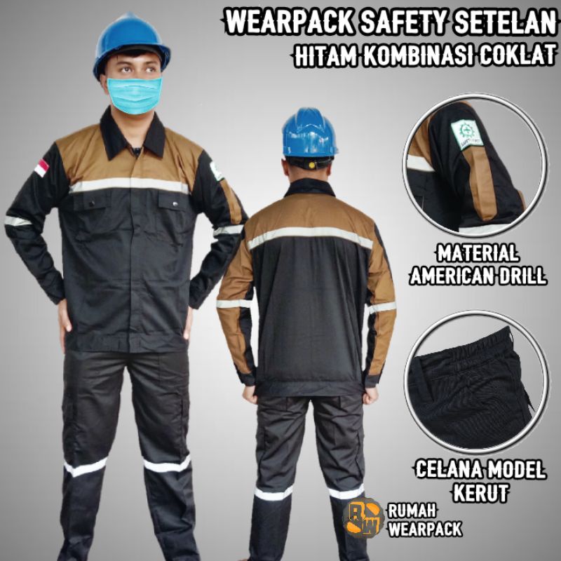 Setelan Wearpack Safety dan Celana Safety Warna Hitam Kombinasi Coklat Mocca