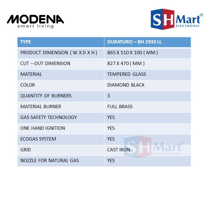 KOMPOR GAS TANAM 3 TUNGKU MODENA BH2933LL MODENA DURATURO BH-2933LL GARANSI RESMI