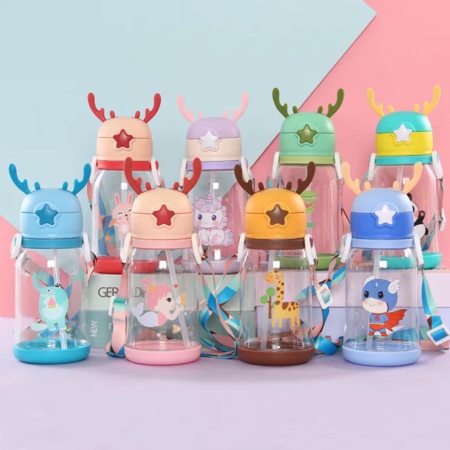 Botol Minum Sedotan Anak TK SD Tanduk Rusa Unicorn Botol Minum Tali Sedotan Anti Tumpah 700 ml