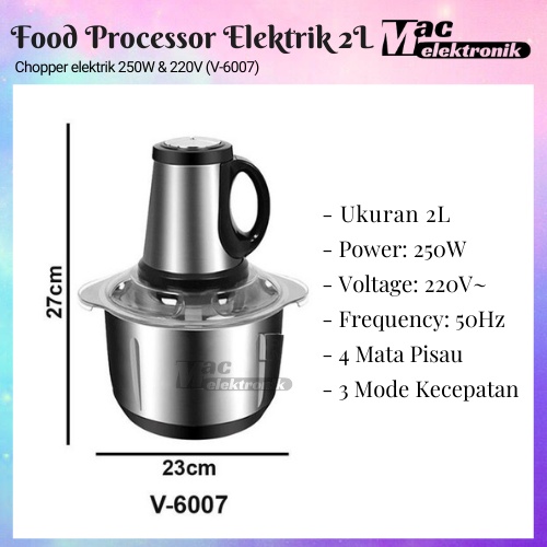 Alat penggiling bumbu 2L food chopper V-6007 Food Processor Stainless Steel Penggiling Daging Mixer Makanan Elektrik Kitchen Experts