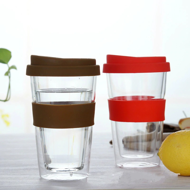 400ml transparent coffee cup with silicone cover thick double glass  travel coffee mug  travel mug