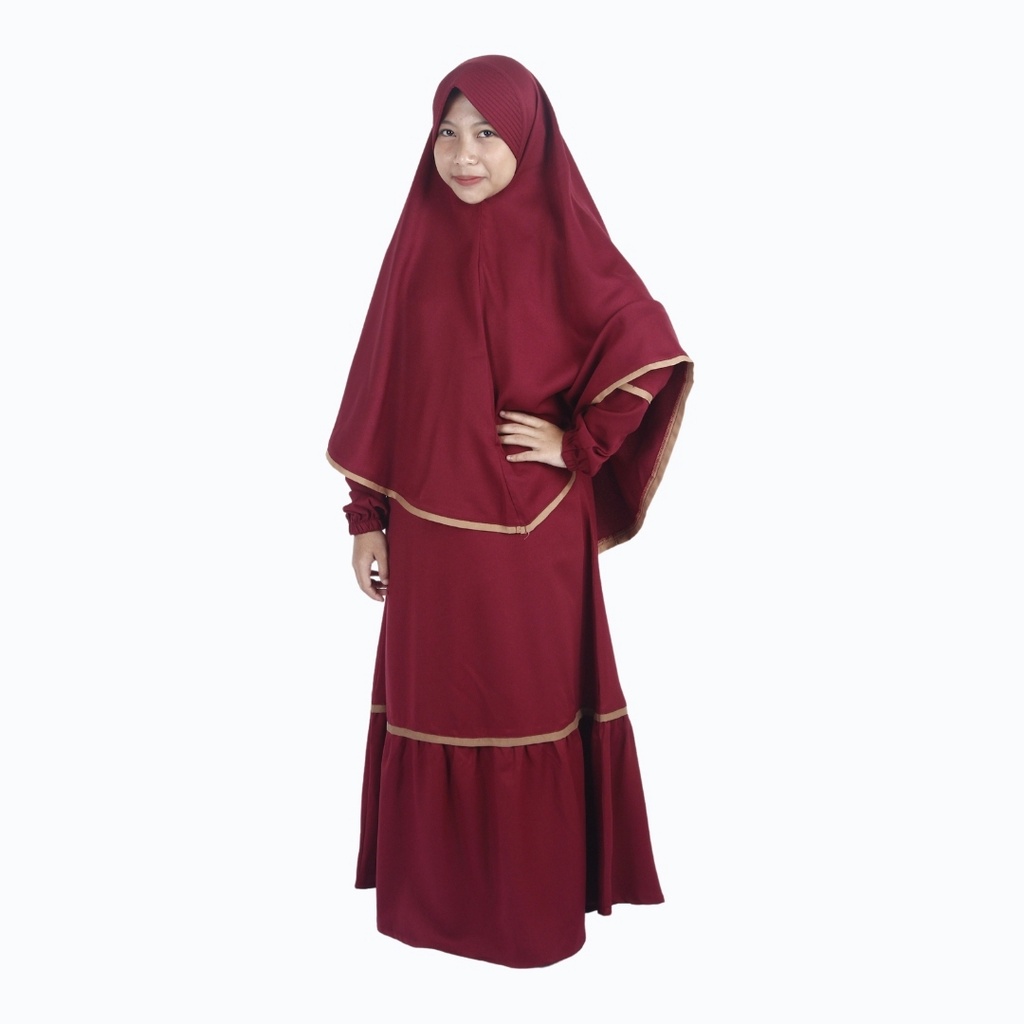 Baju Gamis Syar'i Anak Perempuan Marun Strip Coklat