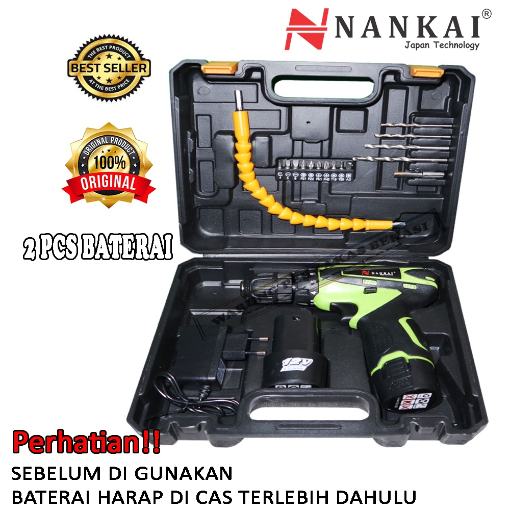 Nankai Japan Tec Mesin Bor cordless Drill Besar 10 mm Baterai 12V 12 Volt Plus Acc - MDON Set Lengka