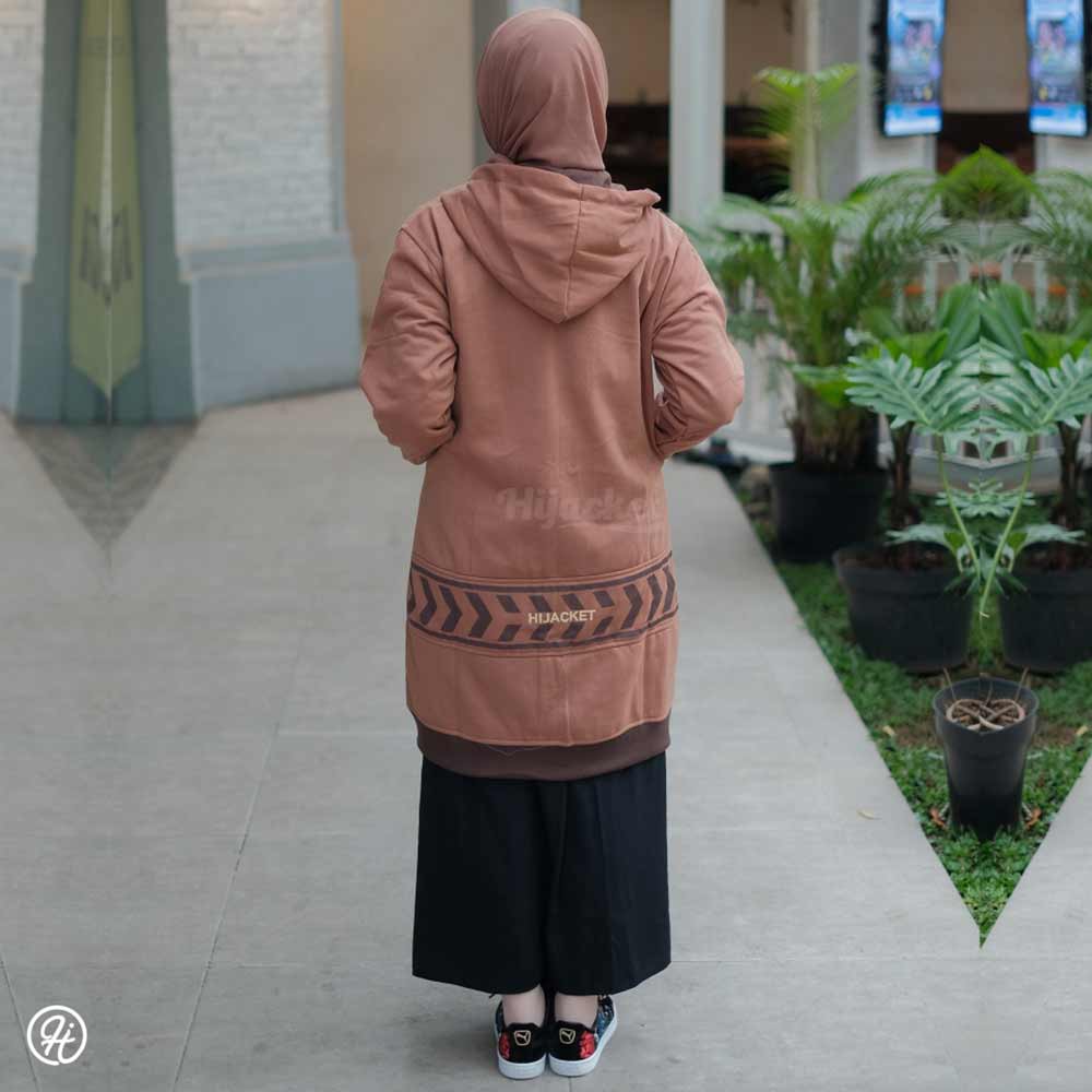 Jaket Hoodie Panjang Wanita Cewek Muslimah Hijaber Jacket Hijab Roundhand Finger Hijacket YK Coklat-5