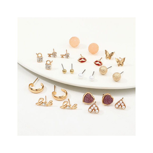 LRC Anting Set Fashion Golden Love Butterfly Lock Diamond Earring Set D63057