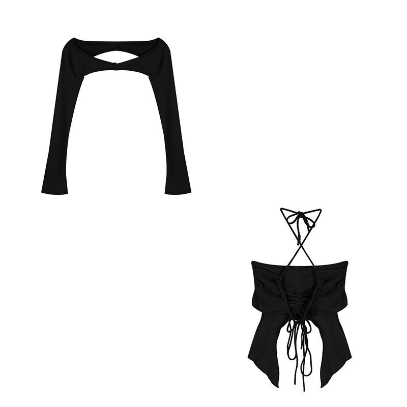 t-shirt impor pakaian wanita gaya kecil off-the-shoulder lengan panjang korset pendek suspender keci