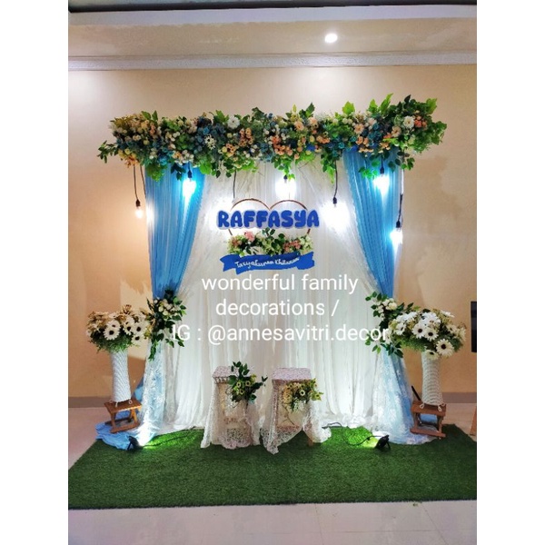 dekorasi backdrop khitanan nuansa baby blue 2 mtr (tanpa tulisan nama styrofoam)