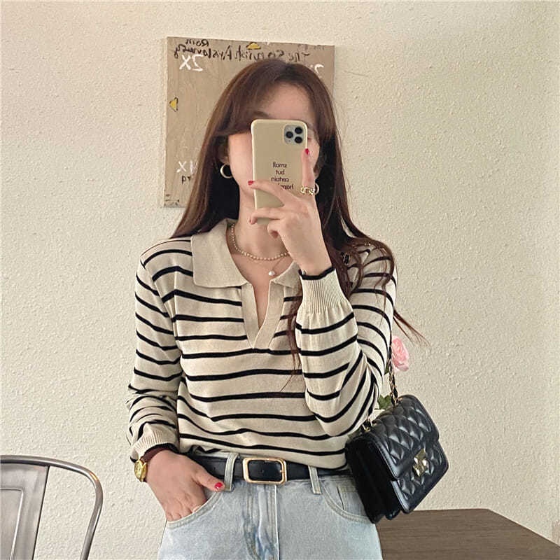 YIU YIU Rajut - Polo Shirt Rajut Premium Stripe Crop Top Lengan Panjang Wanita Korea