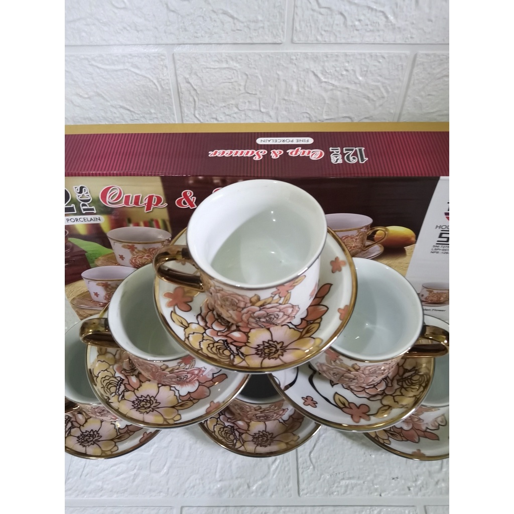 Cangkir Teh 6 pasang motif golden flower taniti / tea set / coffe set / kado gift