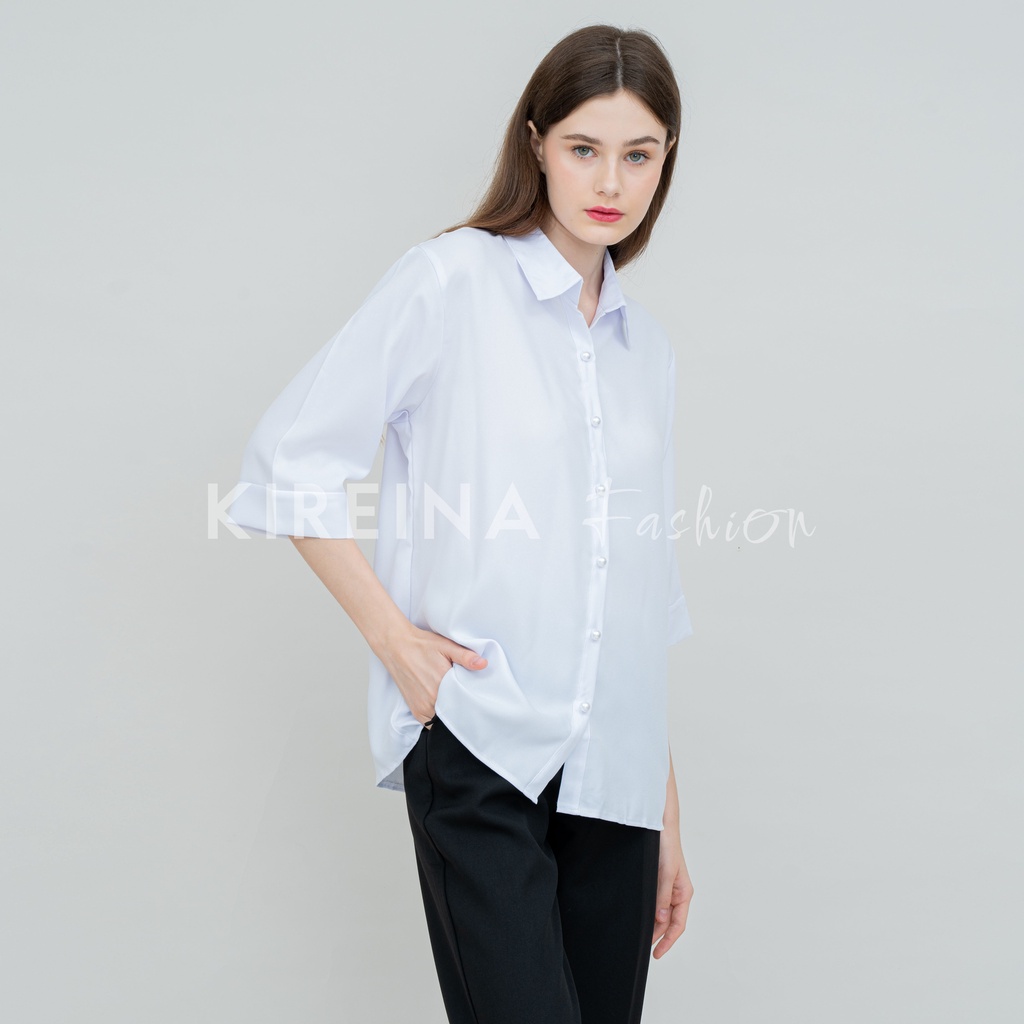 Kemeja Putih Wanita Premium Lengan 3/4 Warna Putih Bahan Moscrape Premium | Kireina Fashion